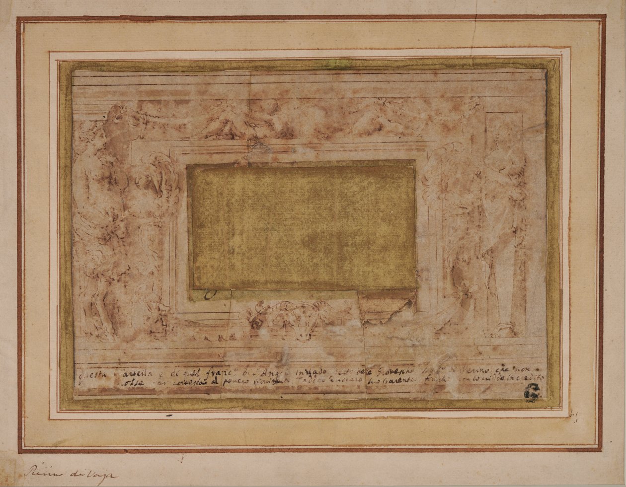 Caryatids, swags ve putti ile alçı çerçeve için tasarım by Perino del Vaga