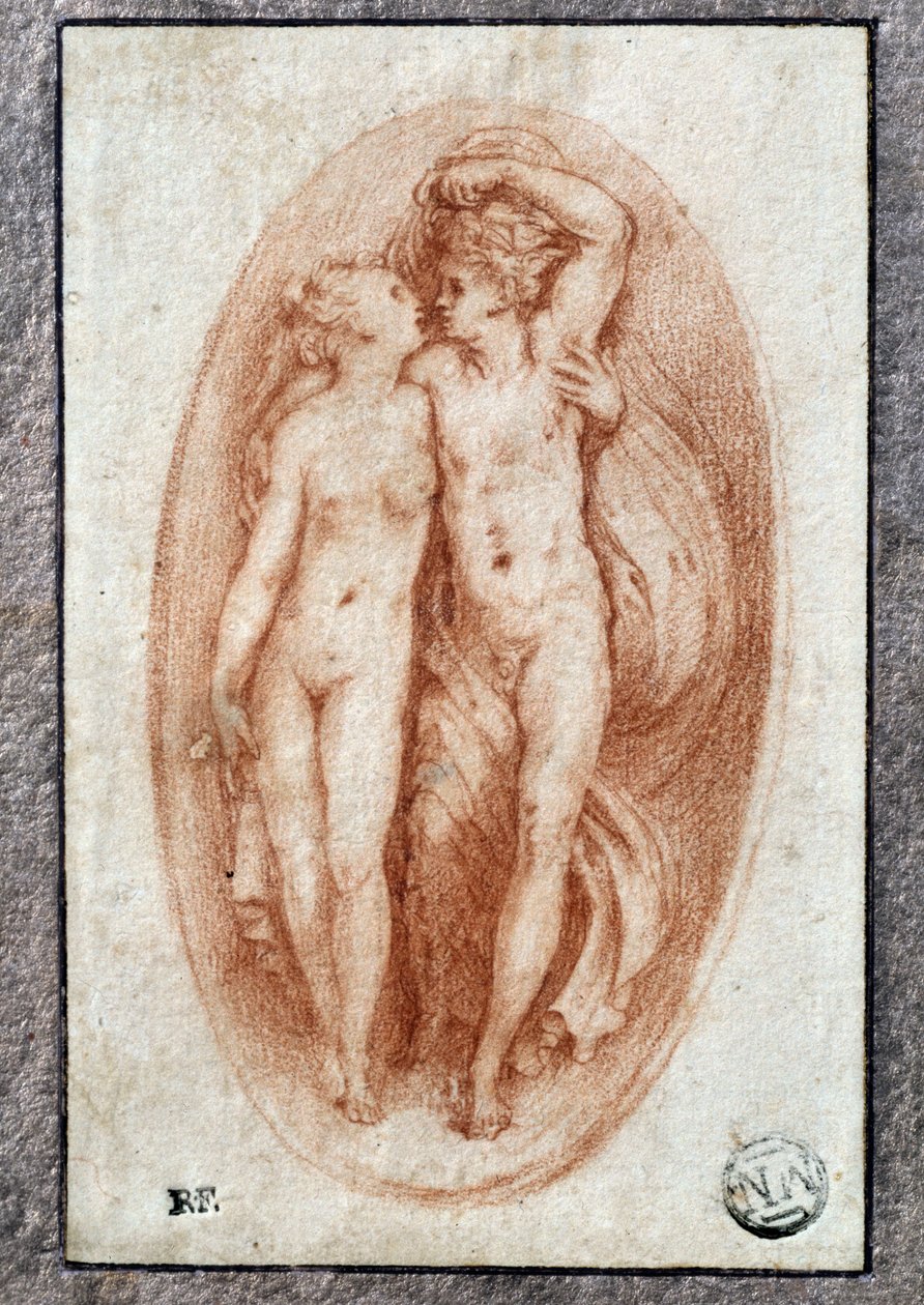 Çift kucaklar. Pierino del Vaga olarak da bilinen Pietro Buonaccorsi (1500-1546 / 47) tarafından a la sanguine çizimi by Perino del Vaga