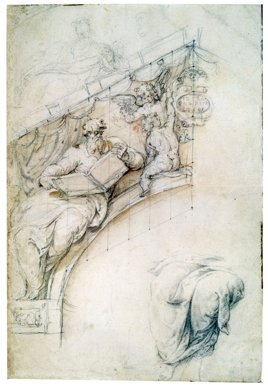 Bir Peygamber ve iki Puttos ile bir giriş kemeri üzerinde bir duvar dekorasyonu, c1525 by Perino del Vaga