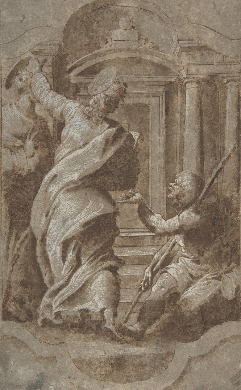 Aziz Petrus ve Yuhanna Tapınağın Kapısında Bir Sakatlıyı İyileştiriyor, 1501-47. by Perino del Vaga