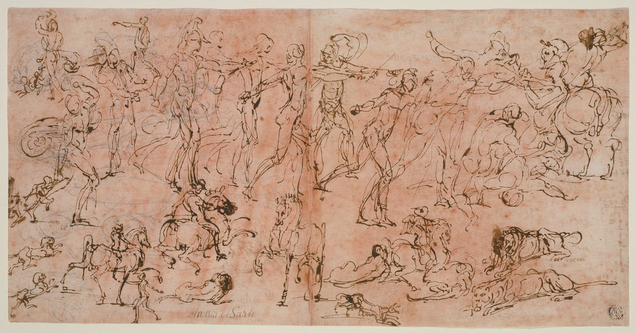 Savaşçılar, Atlılar ve Aslanlar Çalışmaları (rekto); Baş ve Çıplak Figürler, Tavan Planı ve Yazıt Çalışmaları (ters) by Perino del Vaga