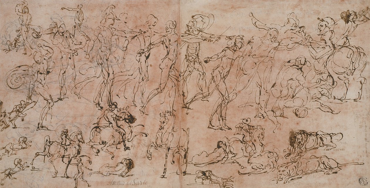 Savaşçılar, Atlılar ve Aslanlar Çalışmaları, 1528-33 by Perino del Vaga