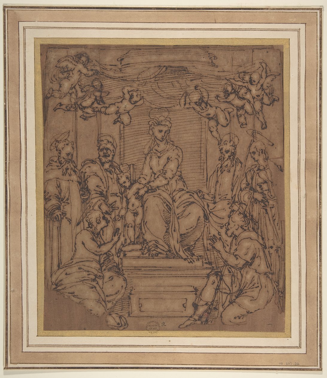 Aziz Anthony Abbot, Aziz Peter, Aziz Paul ile Enthroned Bakire ve Çocuk..., 1522-23. by Perino del Vaga