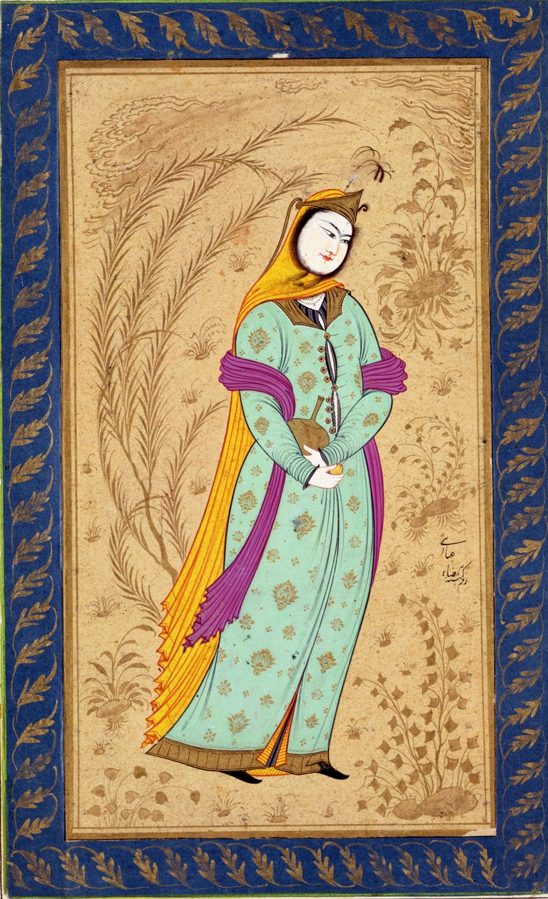 Girl holding a wine vessel and a pear, from the Large Clive Album, c.1630-35 by Persian School