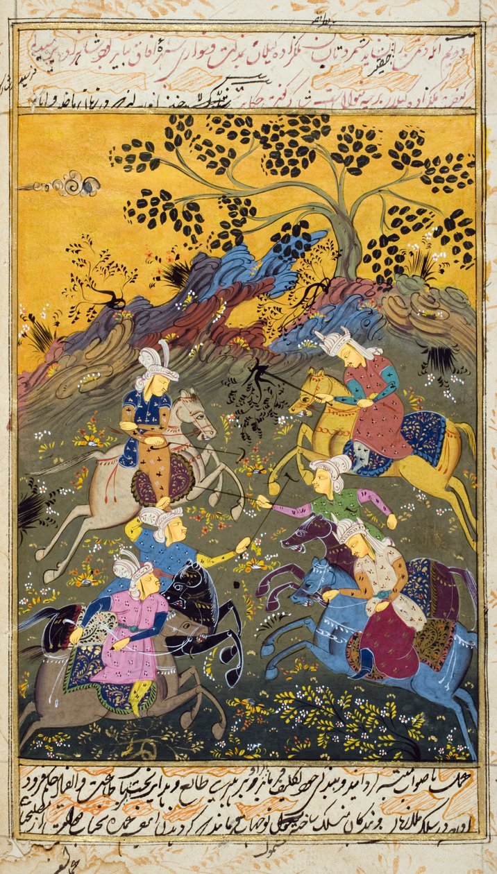 At sırtında oyun oynayan adamlar (kağıt üzerinde opak wc ve altın) by Persian School