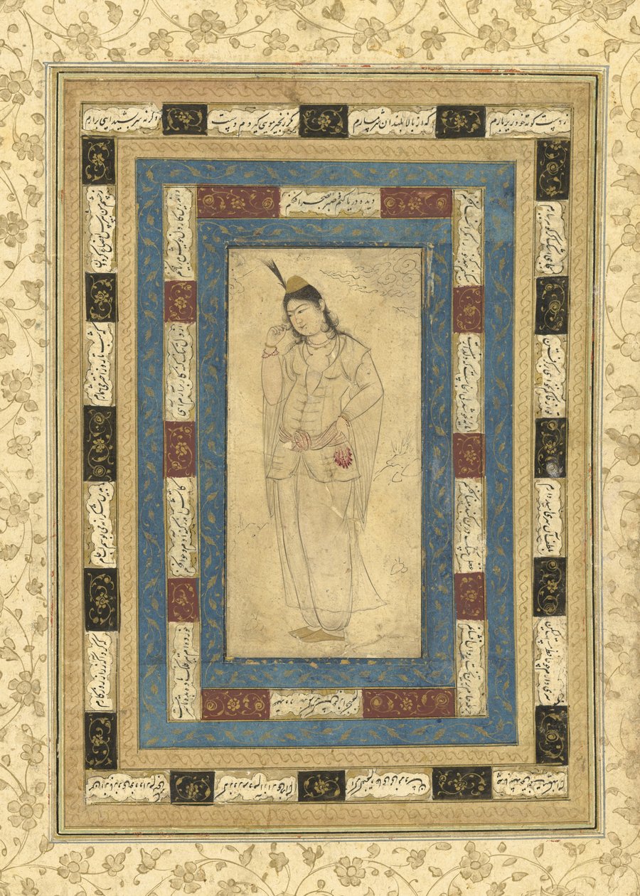 A Standing Lady, İsfahan, c.1620-25 (mürekkep, opak wc ve kağıt üzerinde altın) by Persian School