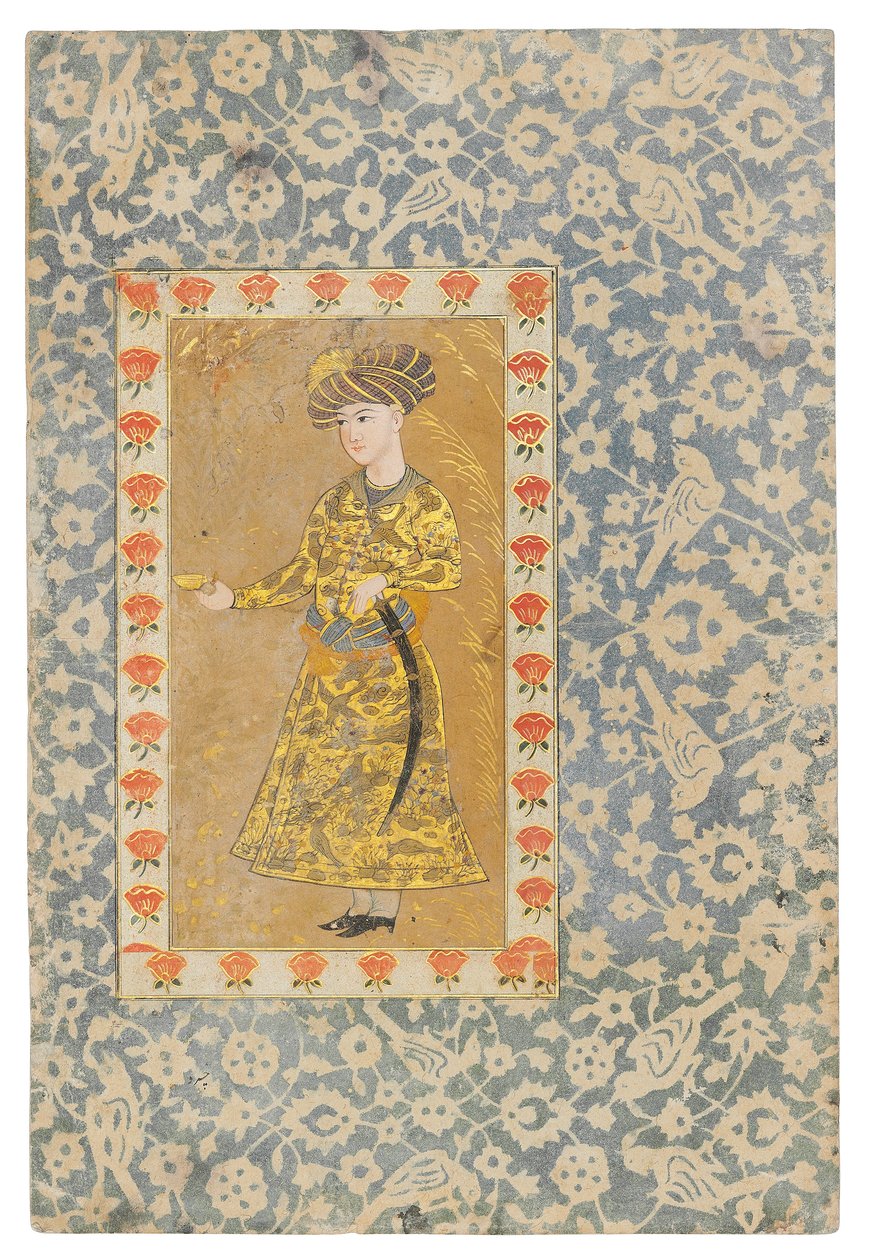 Şarap Bardağı Tutan Bir Gençlik, Safevi İsfahan (kağıt üzerinde altınla yükseltilmiş opak pigmentler) by Persian School