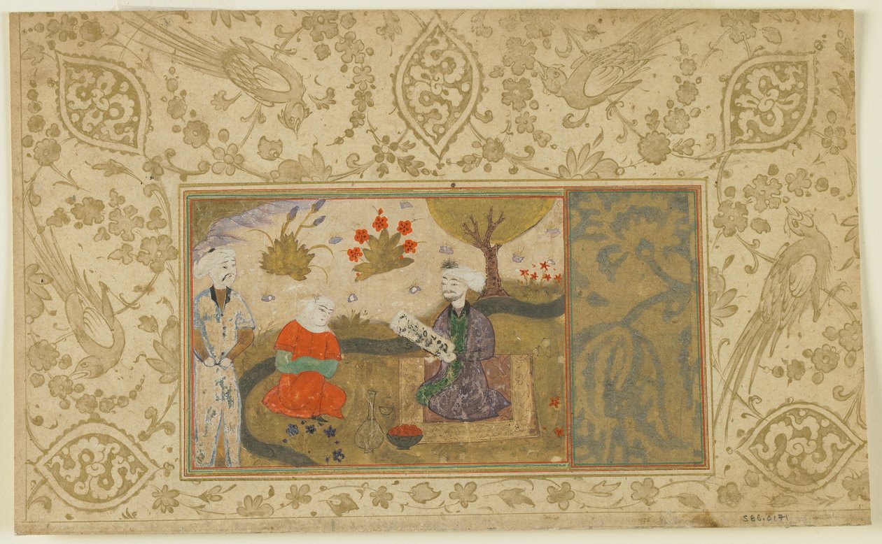 Bir dere kenarında sohbet eden bir çift, c.1500 (opak suluboya, mürekkep ve kağıt üzerine altın) by Persian School