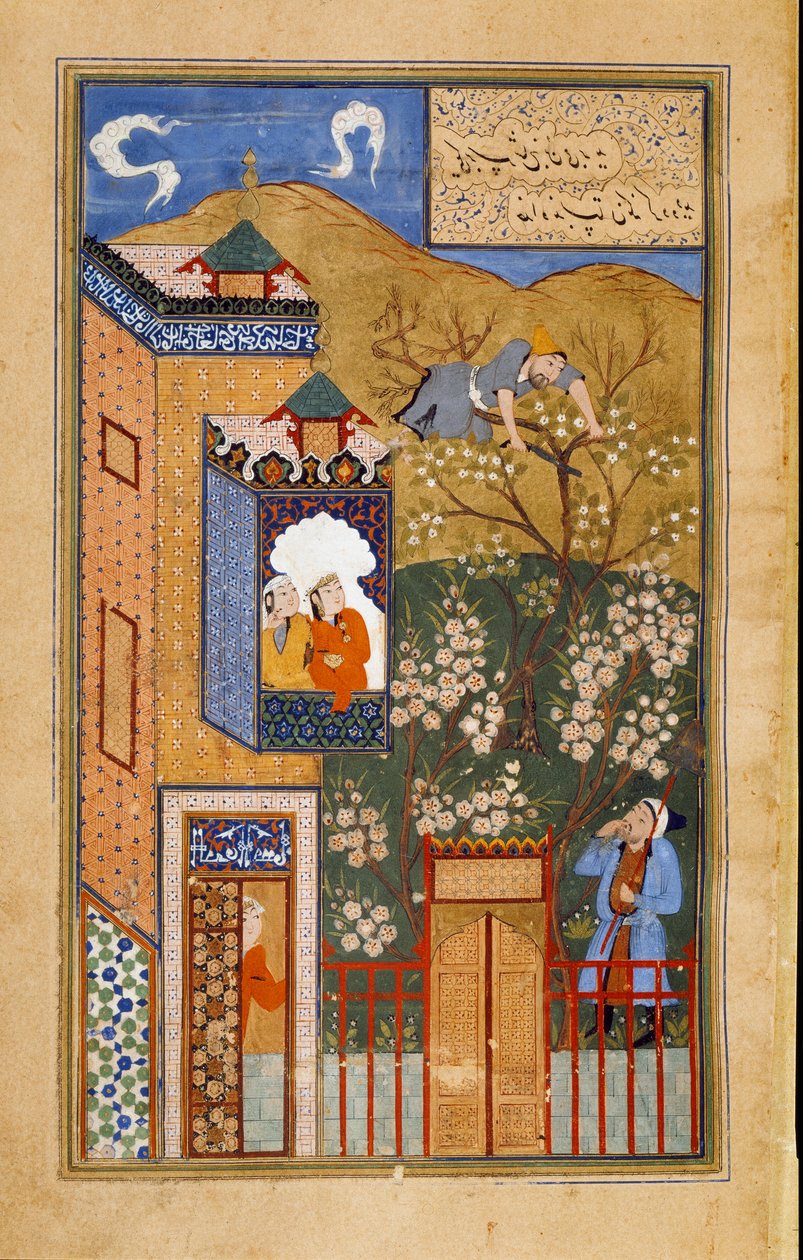 Bir aptal, Farsça el yazmasından alınan bahçıvanın gözünün altında tünediği dalı keser ms. 1187 (fol 27v) 1540-1557 civarında Buhara