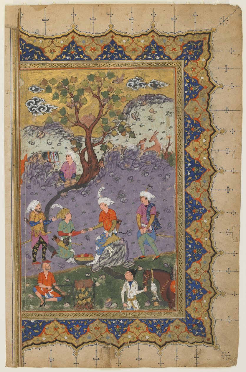 Bir manzarada görevlilerle birlikte oturan bir prens, c.1600 by Persian School