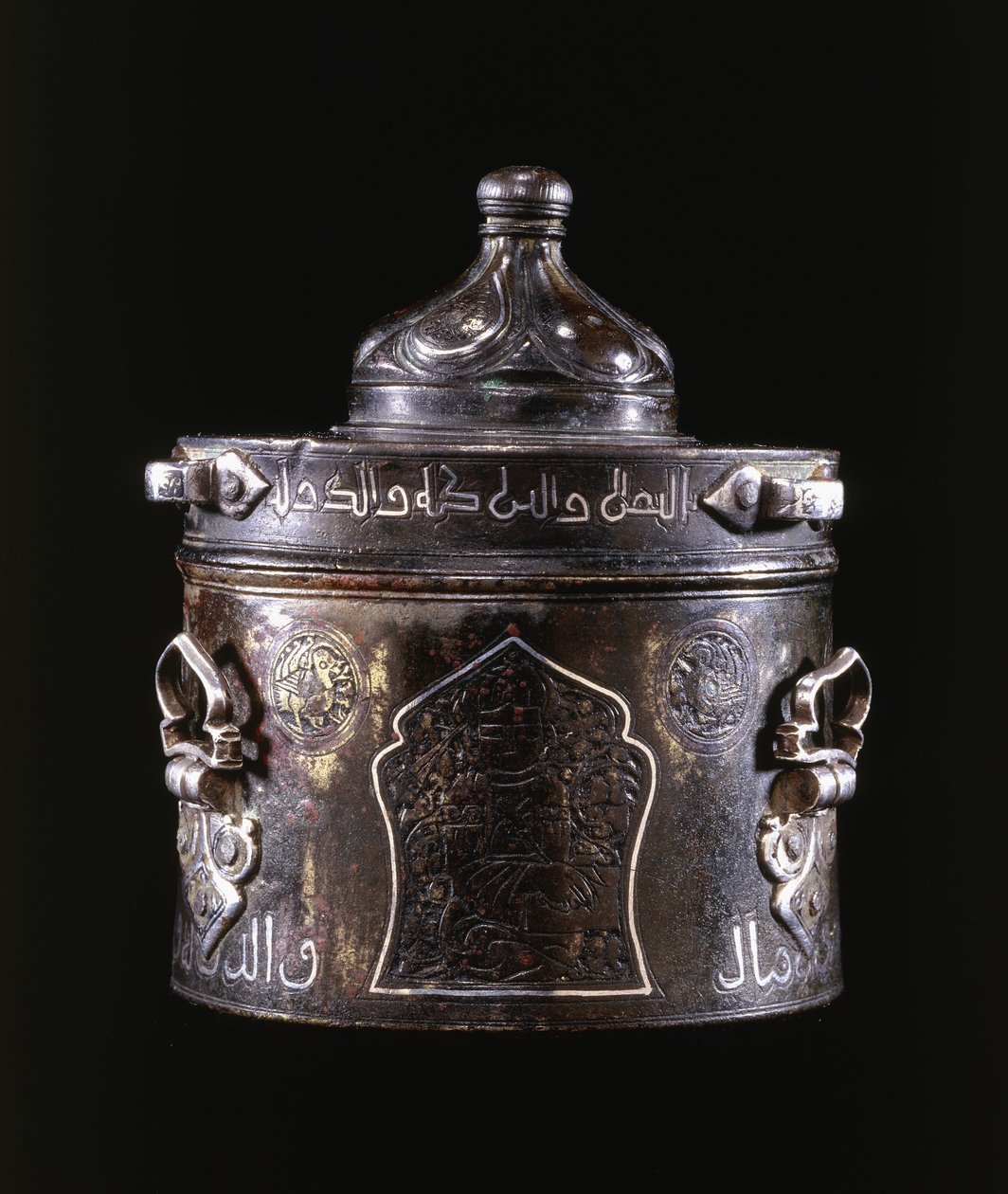 Çok güzel bir Doğu Pers gümüş ve bakır işlemeli bronz hokka ve kapak by Persian School
