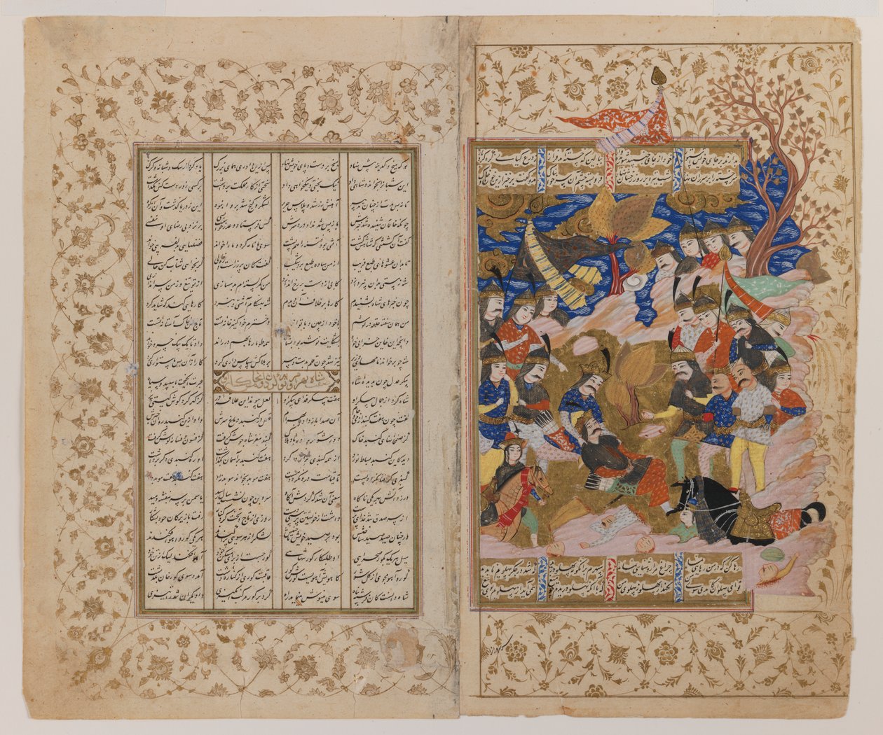 17. yüzyılın sonlarına ait bir Şehnâme el yazmasından resimli çift sayfa (parşömen kâğıdı üzerine mürekkep, guaj ve altın) by Persian School