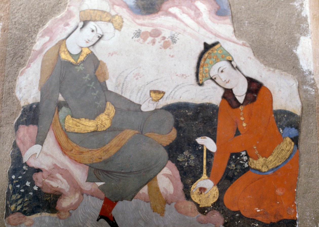 Cam ve şişe ile kadın figürleri by Persian School