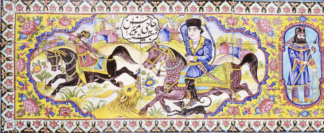 Uzun bir cuerda seca çini panelinden, av ve savaş sahnelerini betimleyen ilk kartuş, 19. yüzyıl by Persian School