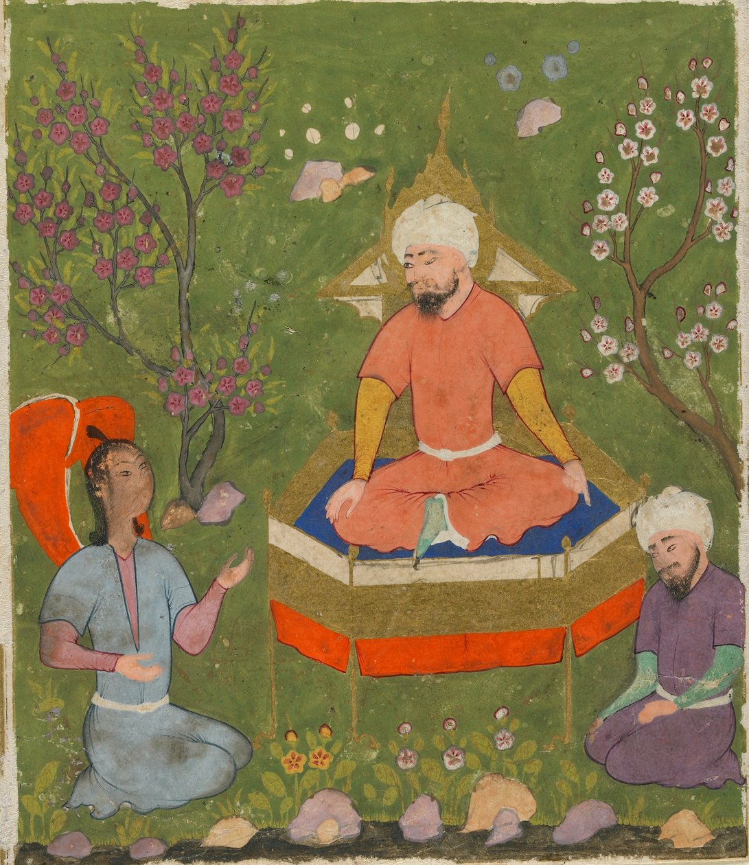 Al-Qazwini'nin Ajaib al-Makhluqat'tan (Yaratılışın Harikaları) Folyo; recto: Haloed Figure Enthroned, Qazwin, Iran, c.1590-1600 (kağıt üzerine opak suluboya, mürekkep ve altın) by Persian School
