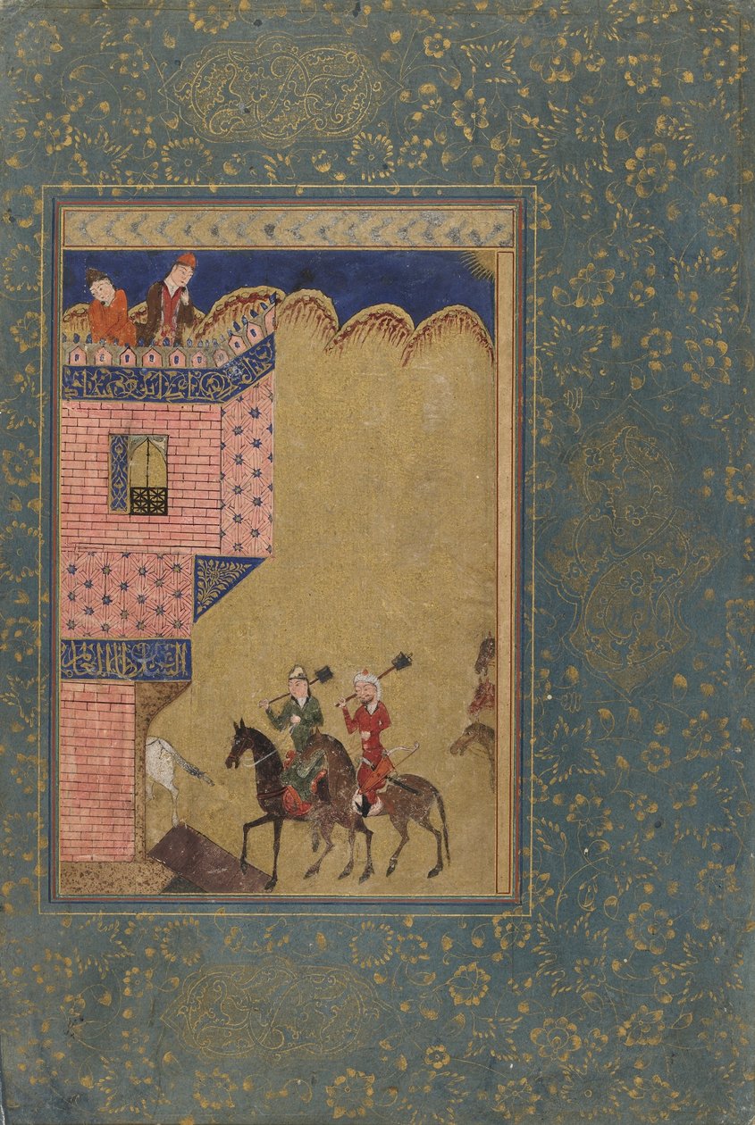 Bir Antolojiden Folyo; Bir Binaya Yaklaşan Topuz Taşıyan İki Binici, İran, 1417-18 (kağıt üzerinde opak suluboya ve altın rengi) by Persian School