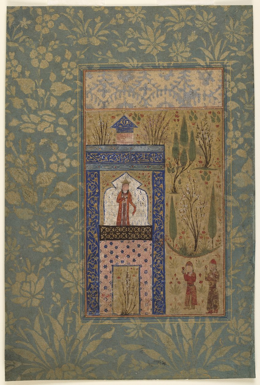 Bir Antolojiden Folyo; Pencerede Bir Prensesin Önünde İki Genç, İran, 1417-18 (kağıt üzerinde opak suluboya ve altın rengi) by Persian School