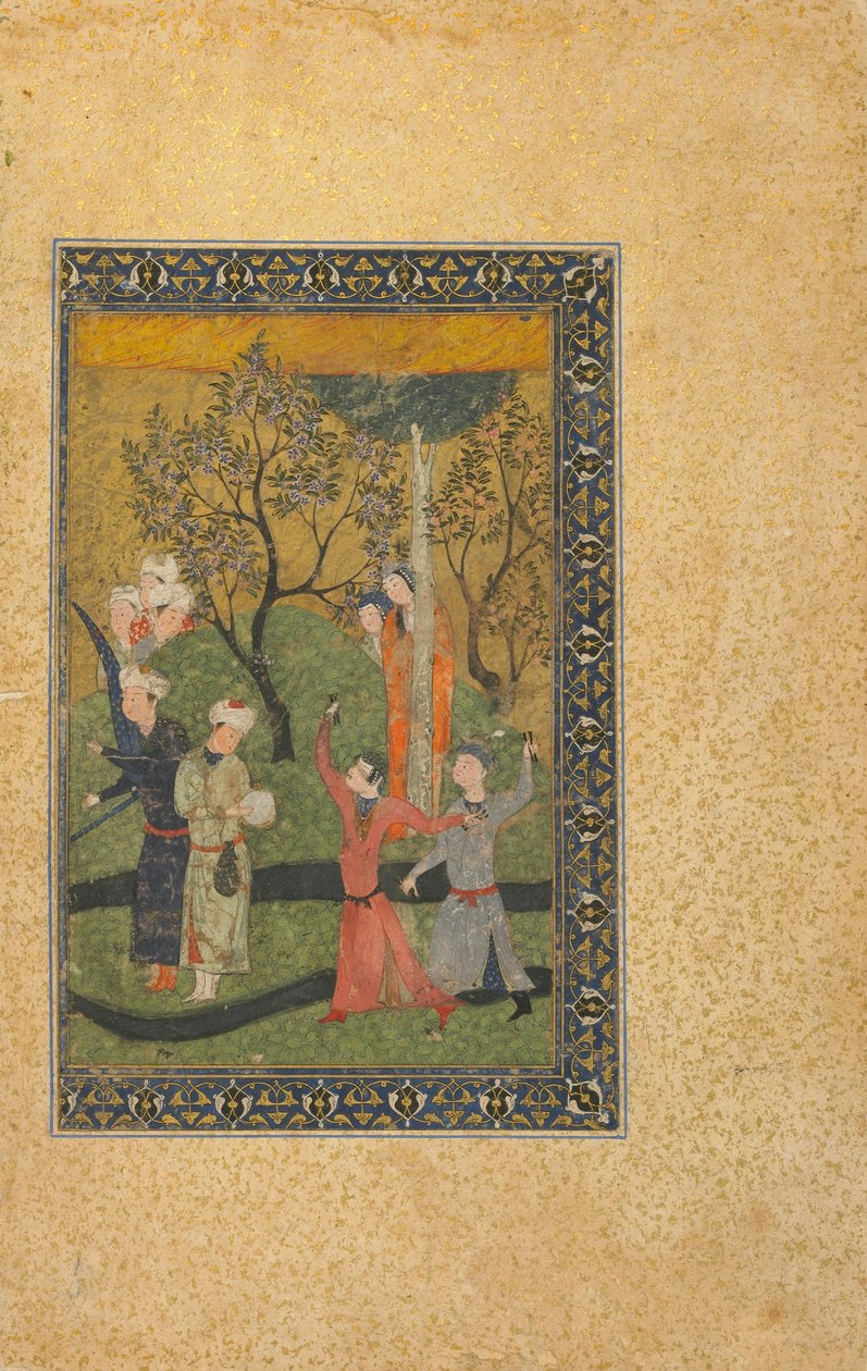 Tanımlanamayan bir metinden folio; Bahçede Saraylılarla Çevrili Bir Prens ve Prenses, İran, Türkmen dönemi, c.1480 (kağıt üzerine opak suluboya, mürekkep ve altın) by Persian School