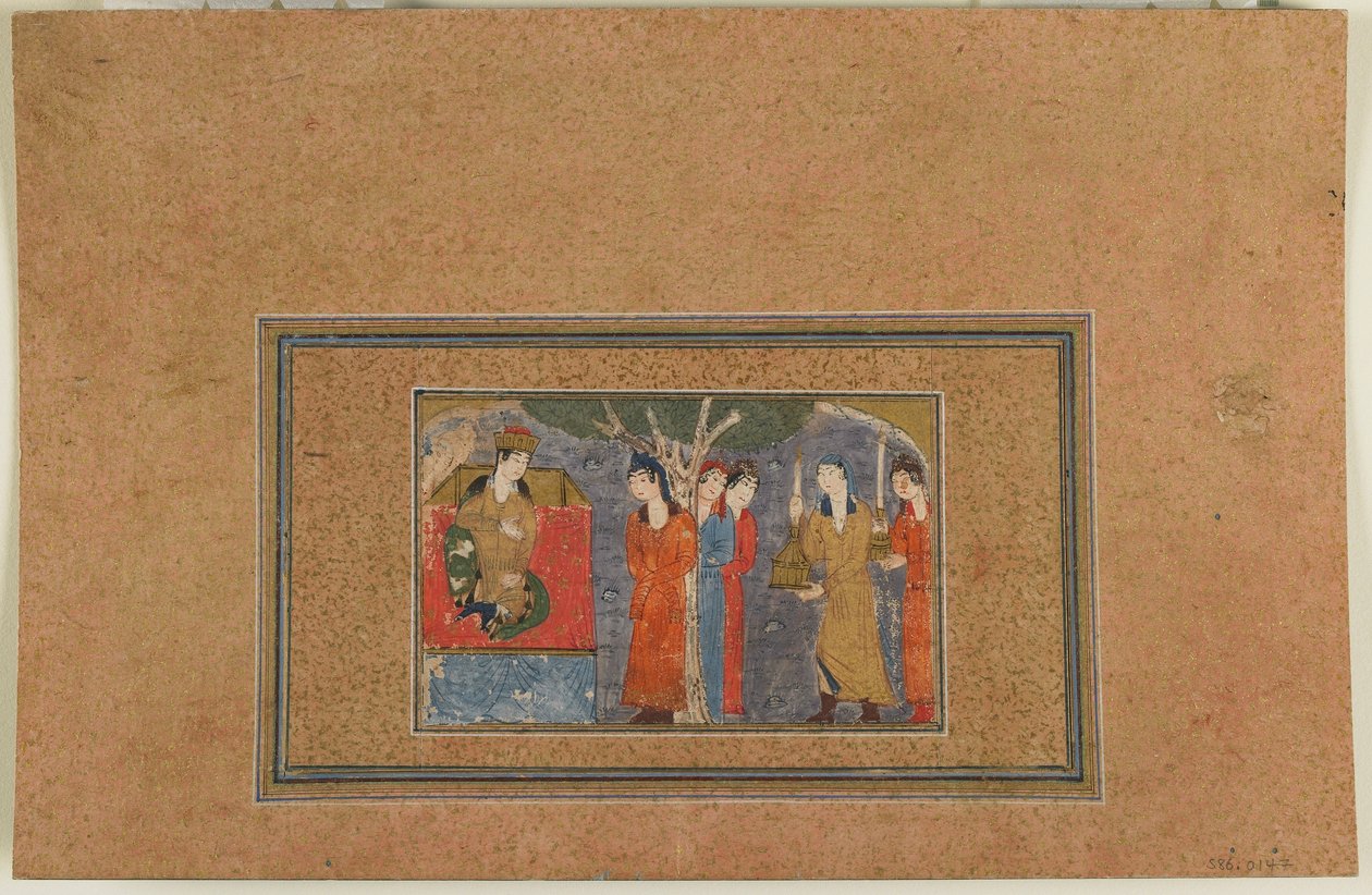 Tanımlanamayan bir metinden folio; A Princess Enthroned, İran, c.1440-50 (kağıt üzerinde opak suluboya, mürekkep ve altın) by Persian School