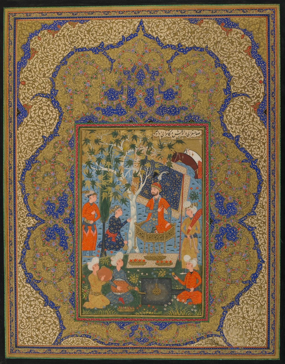 Tanımlanamayan bir metinden folio; Enthroned A Cetvel, muhtemelen Horasan, İran, c.1590 (kağıt üzerinde opak suluboya, mürekkep ve altın) by Persian School