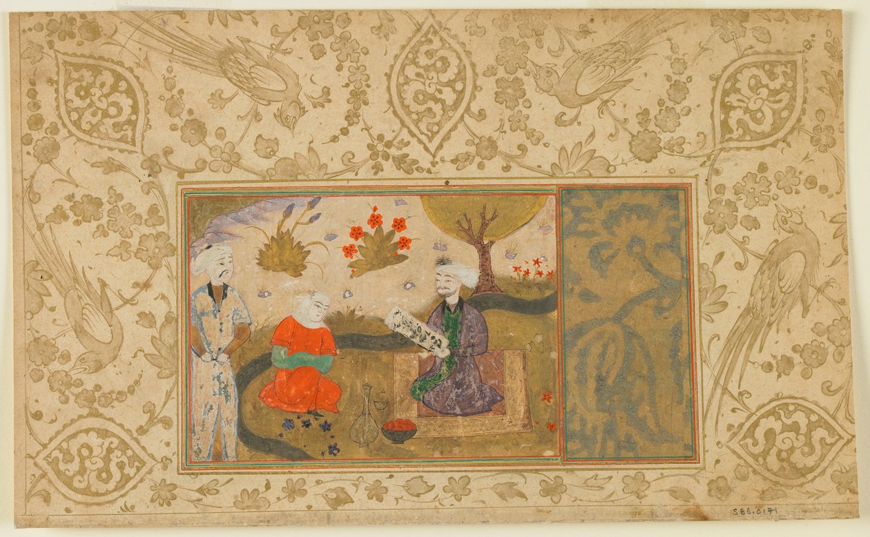 Tanımlanamayan bir metinden folio; Bir Kadın Dere Kenarında Oturan Bir Adamla Sohbet Eder, İran, c.1500 (kağıt üzerine opak suluboya, mürekkep ve altın) by Persian School