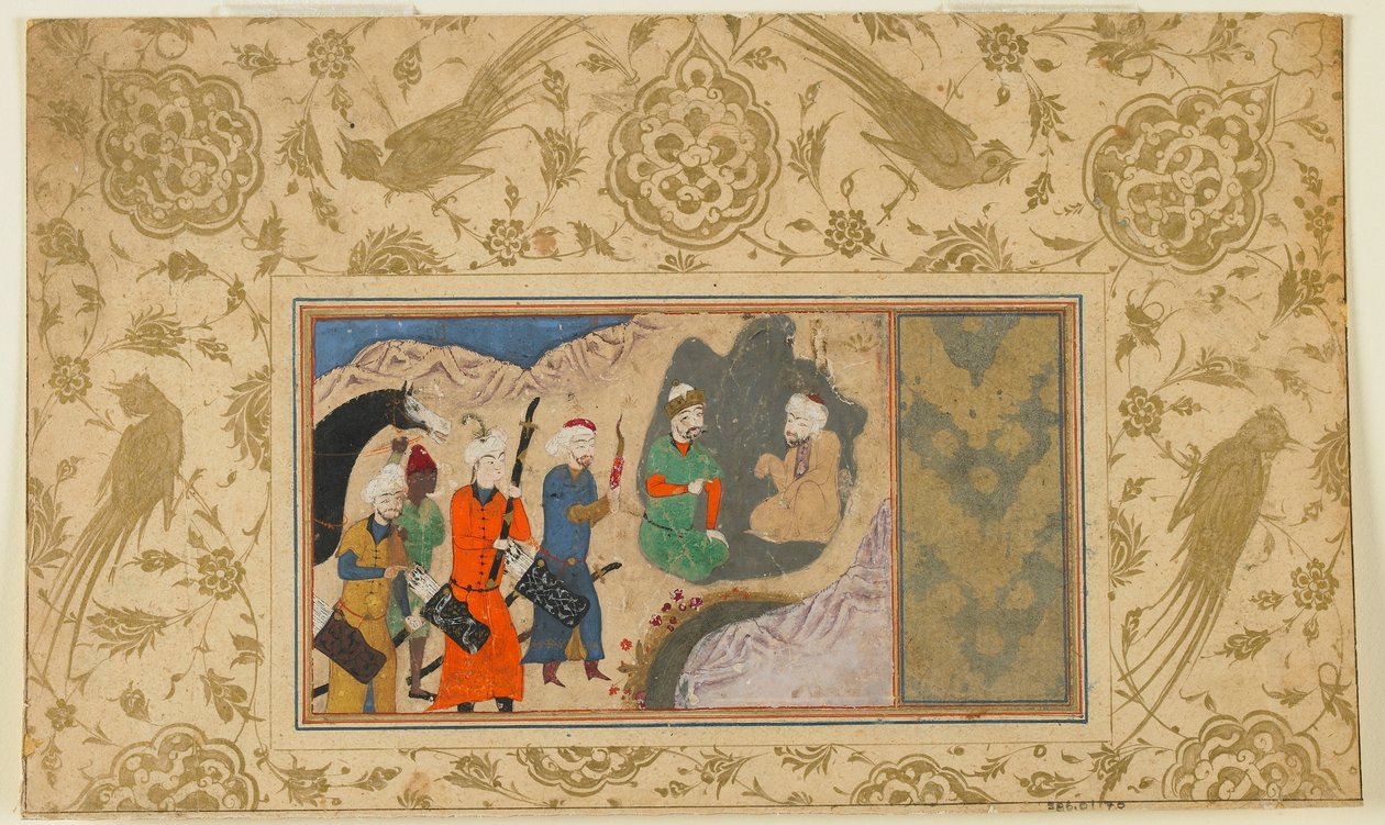 Tanımlanamayan bir metinden folio; İskender (?) Bir Münzevi ziyareti, İran, c.1500 (kağıt üzerine opak suluboya, mürekkep ve altın) by Persian School