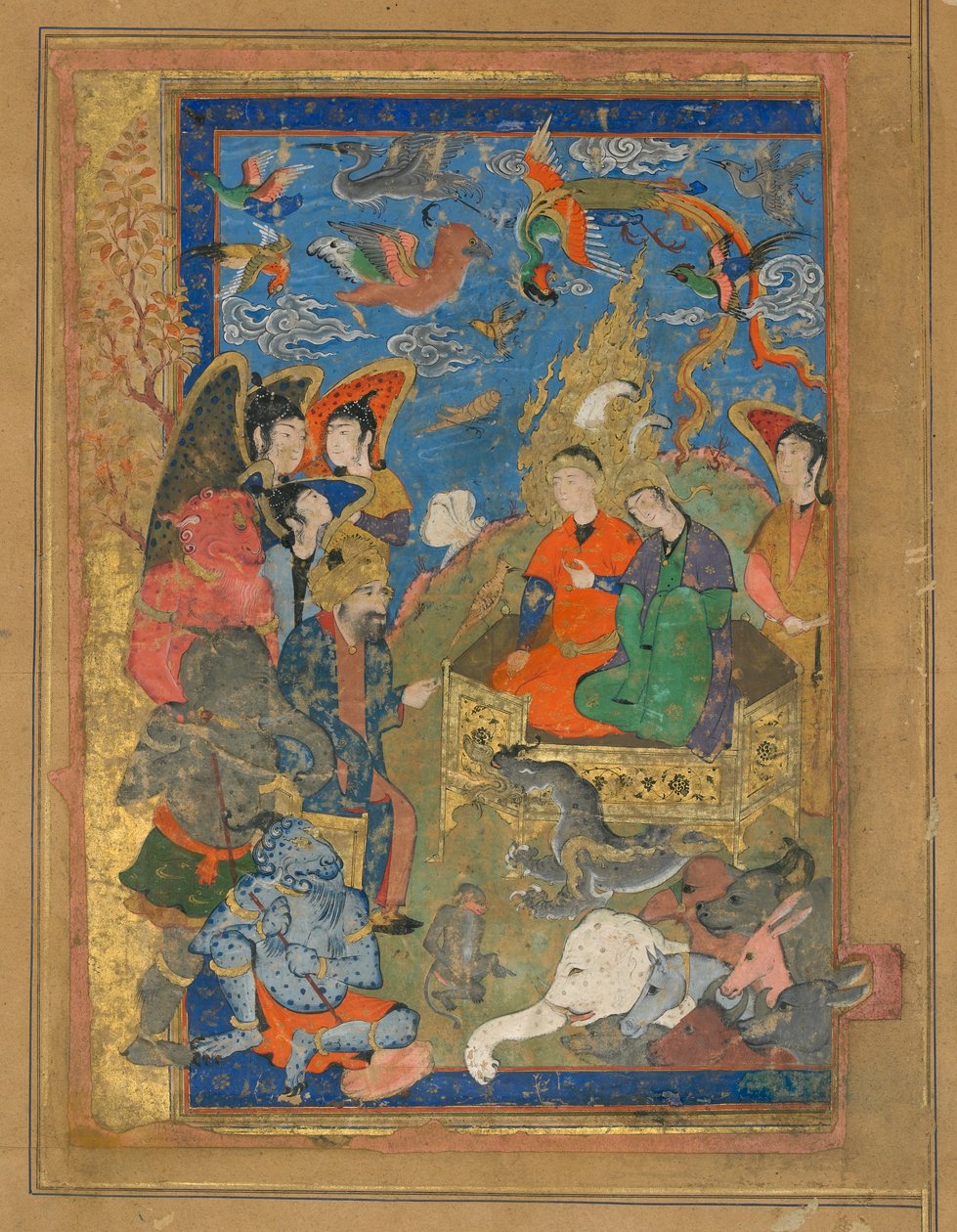 Tanımlanamayan bir metinden folio; Süleyman ve Bilqis Enthroned, İsfahan, İran, Safevi dönemi, c.1590-1600 (kağıt üzerine opak suluboya, mürekkep ve altın) by Persian School
