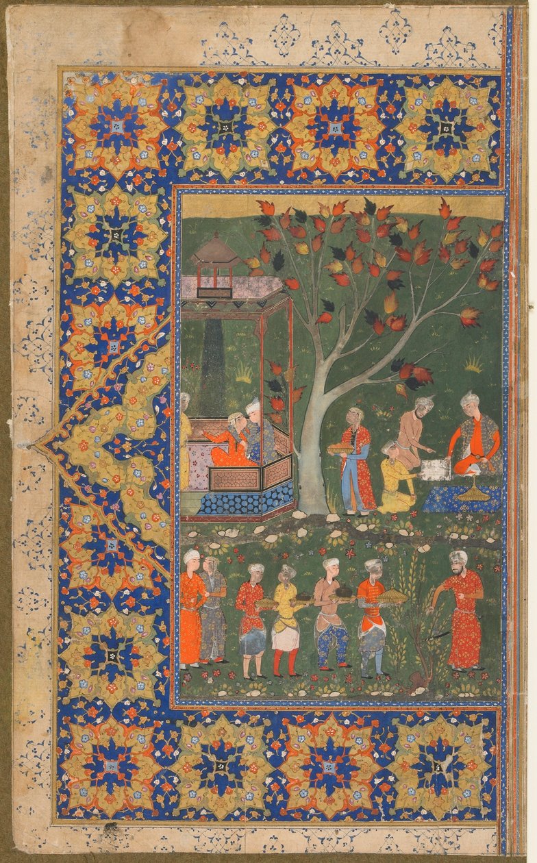 Tanımlanamayan bir metinden folio; recto:A Party in a Garden, Şiraz, İran, c.1570 (kağıt üzerine opak suluboya, mürekkep ve altın) by Persian School
