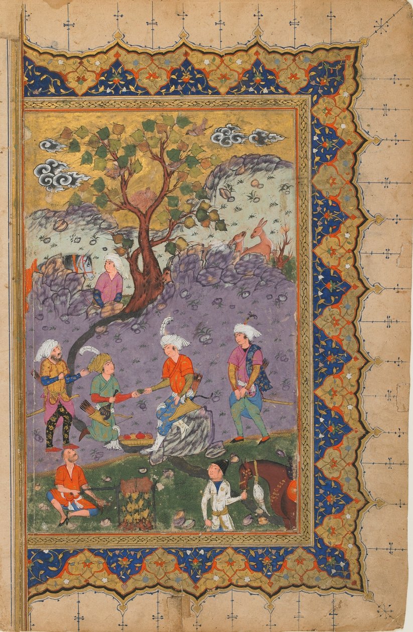 Tanımlanamayan bir metinden folio; Verso: Refakatçilerle Çevrili Bir Kayanın Üzerinde Oturan Prens, İsfahan, İran, c.1600 (kağıt üzerine opak suluboya, mürekkep ve altın) by Persian School