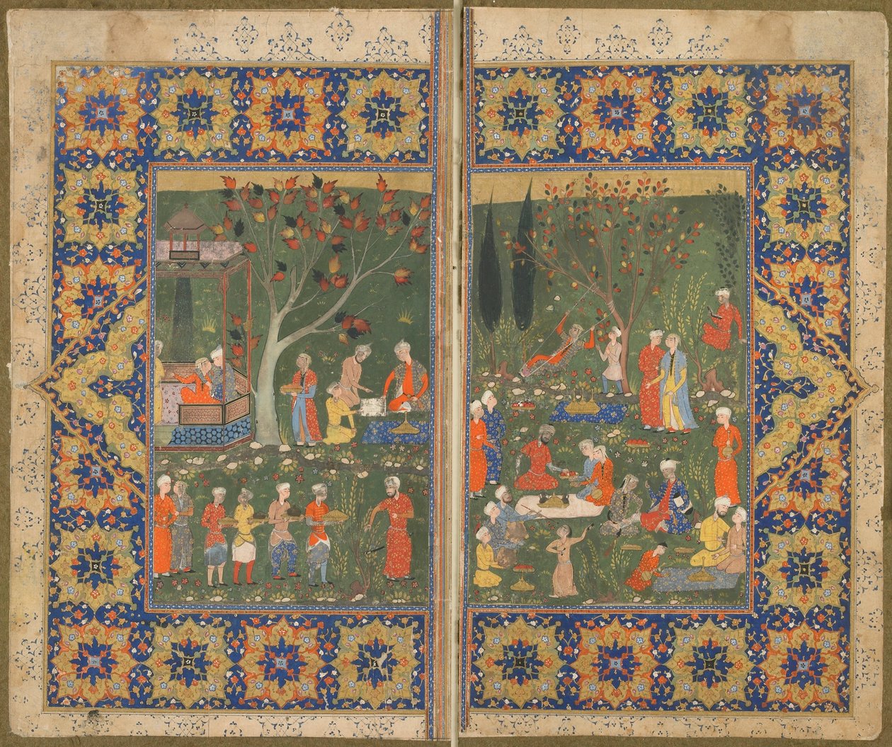 Tanımlanamayan bir metinden folio; verso: Bir bahçede parti, Şiraz, İran, c.1570 (kağıt üzerine opak suluboya, mürekkep ve altın) by Persian School