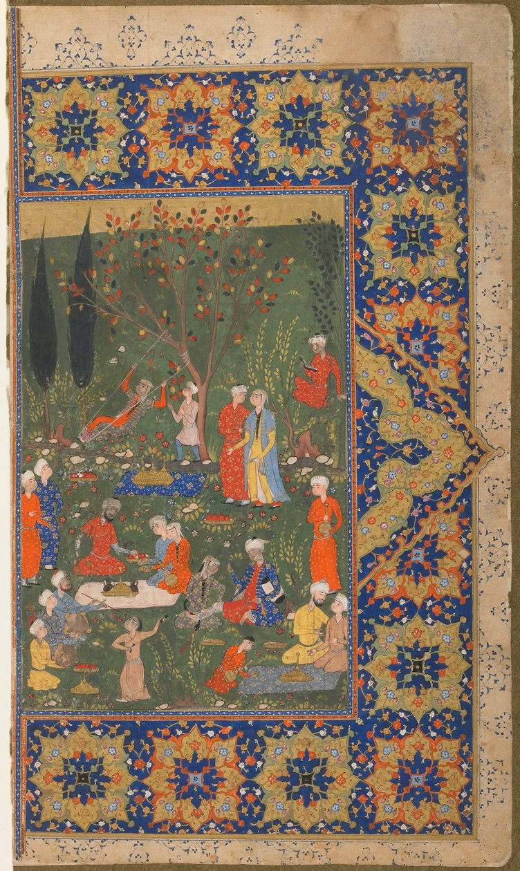 Tanımlanamayan bir metinden folio; verso: Bir bahçede parti, Şiraz, İran, c.1570 (kağıt üzerine opak suluboya, mürekkep ve altın) by Persian School