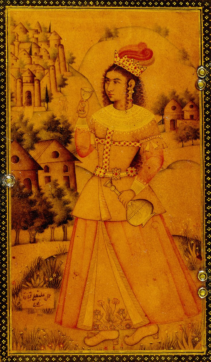 Bir şarap bardağı ve şişe tutan stilize Avrupalı bir bayanla boyanmış ayna kasasının içi, 17. yüzyıl by Persian School