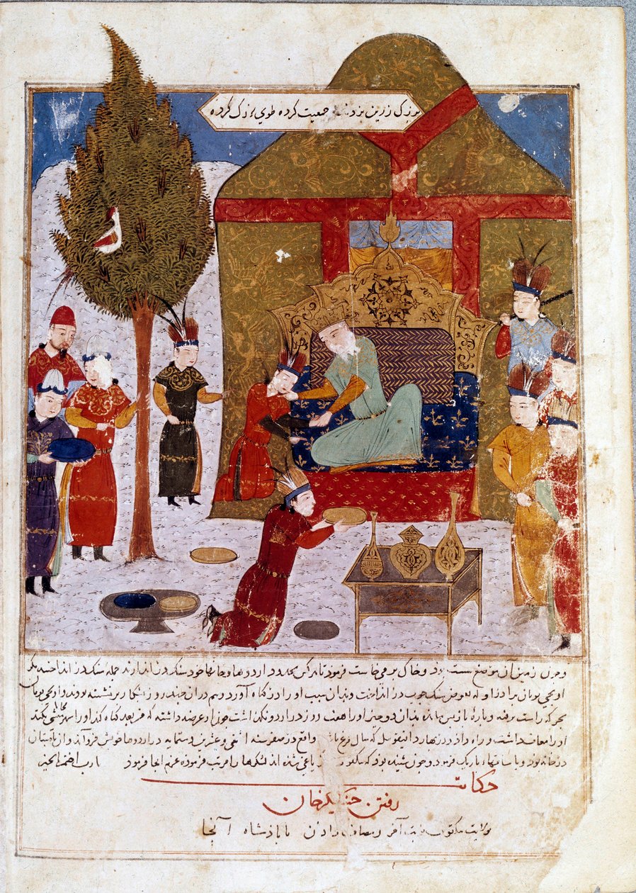 Moğol İmparatoru Cengiz Han (1167-1227), torunları Quibalai ve Hule Gu ile İlmil yakınlarındaki bir kampta tahtında, Rashid al-Din tarafından Jami al-Tawarikh