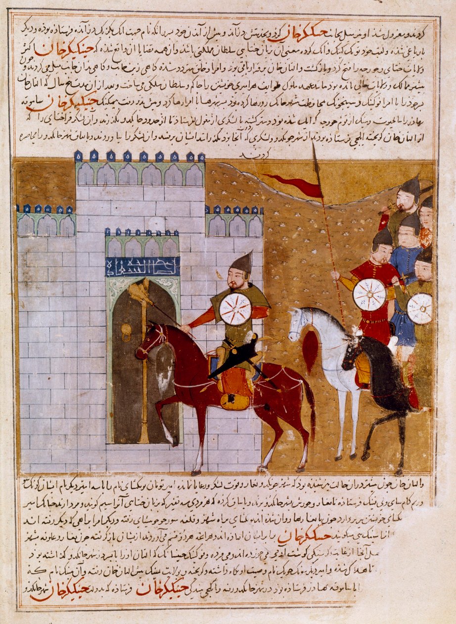 Moğollar, tarihçi Rashid al-din (al din) (1247-1318) tarafından “Cami al-tawarikh” (Cami al-tawarikh) veya “Evrensel Tarih”ten alınan bir Pers minyatür kalesini kuşatıyor. 1430 civarında Paris, B.N. by Persian School