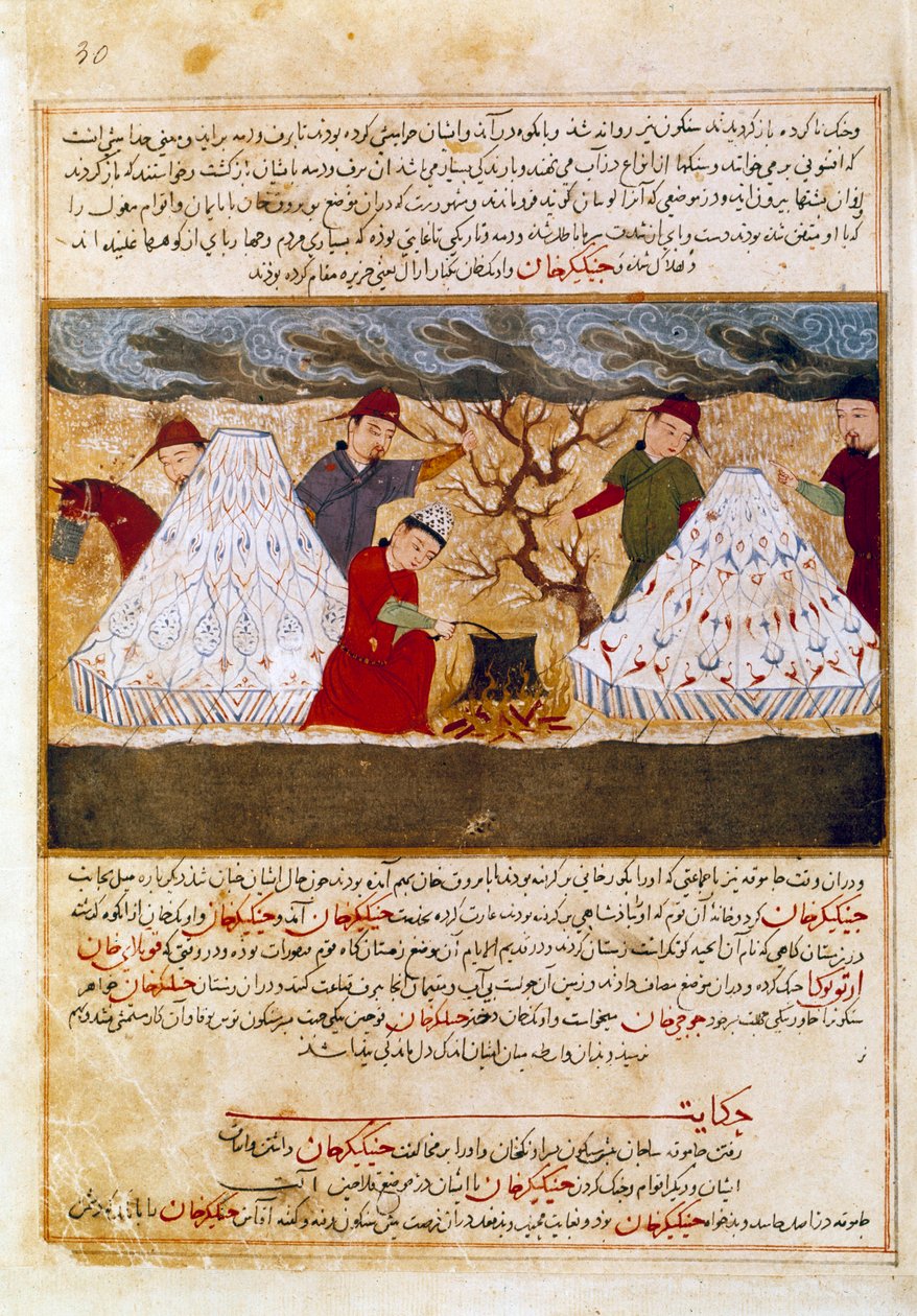 Moğollar, tarihçi Rashid al-din (aldin) (1247-1318) tarafından 1430 civarında "Cami al-tawarikh" (Cami al tawarikh) veya ""Evrensel Tarih"ten alınan Farsça minyatürü pişiriyor. Paris, B.N. by Persian School