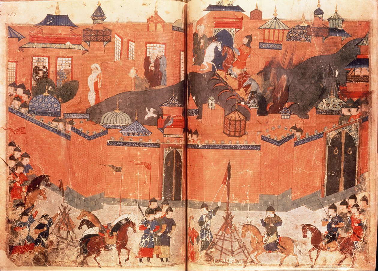 Ms.Sup.Pers.1113.f.180v-181 Reşidüddin'in (1247-1318) (parşömen) kitabından, Hülagü Han önderliğindeki Moğollar 1258'de Bağdat'a saldırıp ele geçiriyorlar. by Persian School