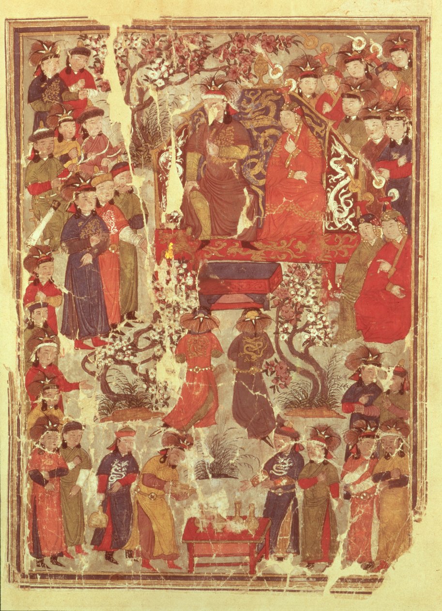 Bayan Destek Pers. 1113 f.126v Cengiz Han ve karısı Bortei, saray mensuplarının huzurunda tahta çıktı, Rashid ad-Din