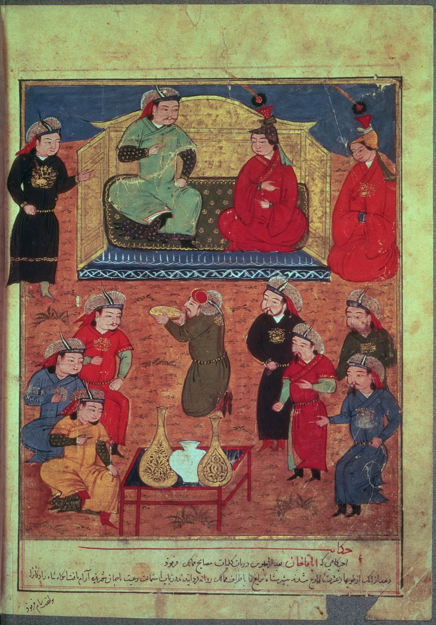 Bayan Destek. Evcil Hayvanlar. 1113 fol.203v Arhaan Khan, iki karısı ve oğlu Ghazan ile, Reşid ad-Din