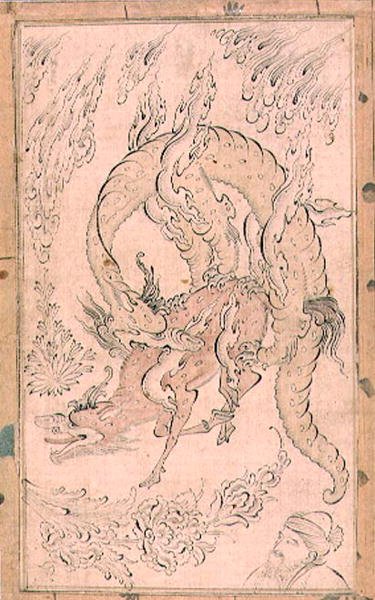 PD.154-1948 Kylin, muhtemelen Inayat Allah tarafından boyanmış bir ejderha tarafından yutuluyor (yıkamalı mürekkep) by Persian School