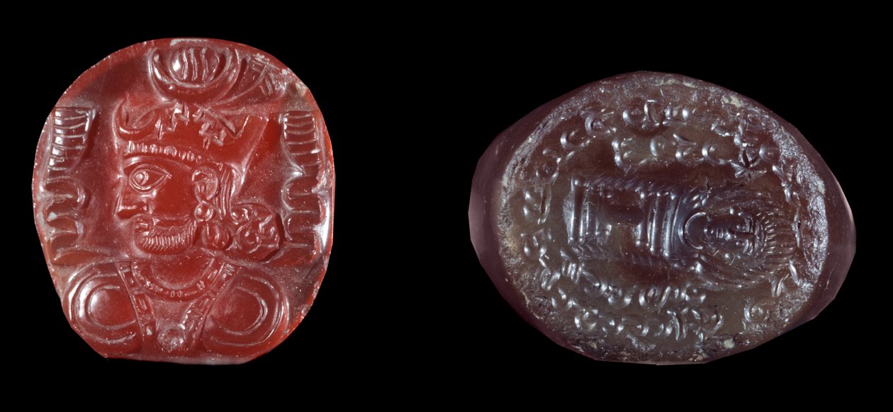 Pers sanatı: İkinci Pers imparatorluğunun kralı I. Kavadh (veya Qobad, Kobad, Kabad) (MS 488-496) ve Sasani döneminin akik damgasının camei. MS 5. veya 6. yüzyıl. Paris, B.N. by Persian School