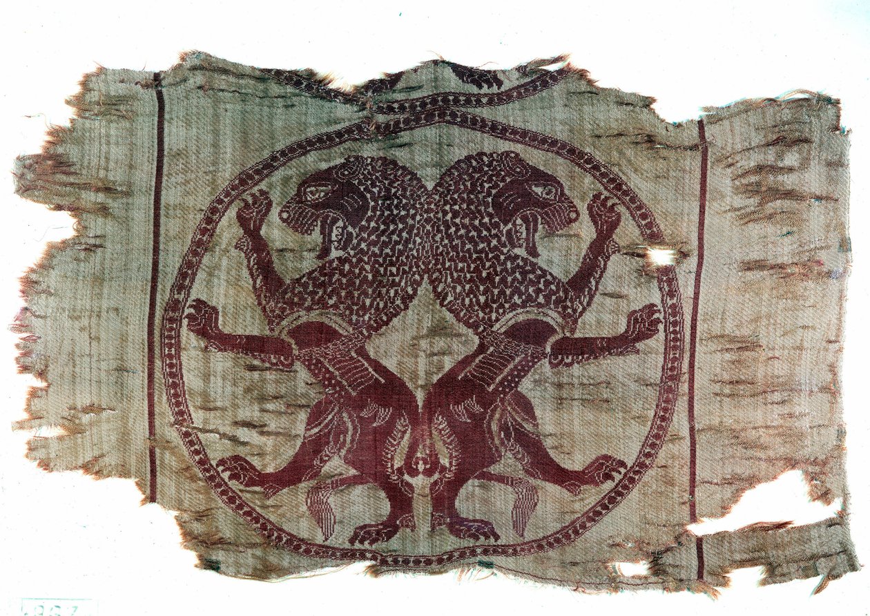 Pers sanatı: Sasanilerden ilham alan iki aslanı temsil eden işlemeli kumaş. MS 8. yüzyıl. Özel koleksiyon by Persian School