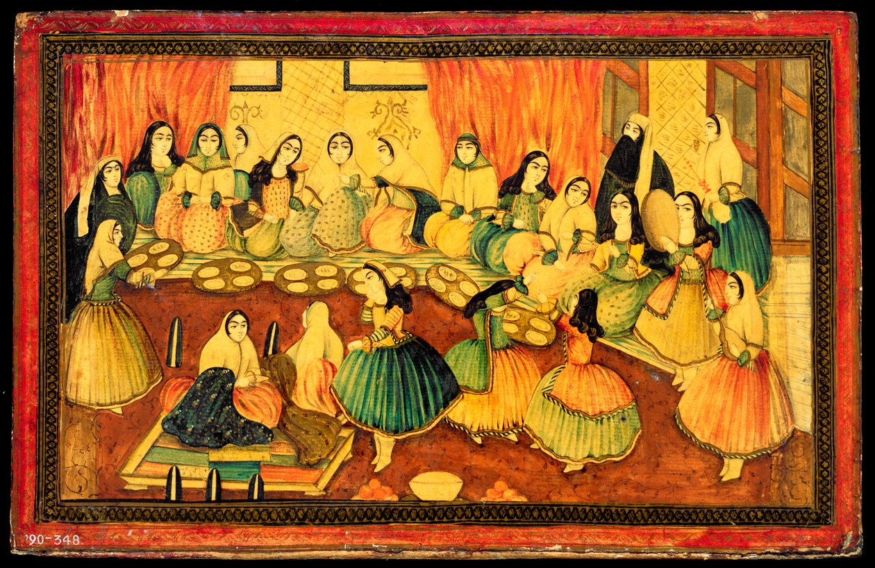 İranlı bayanlar sosyal partisi, bir kitap kapağının yarısı, İran, 19. yüzyıl (altın ve mürekkepli renkli kağıt hamuru) by Persian School