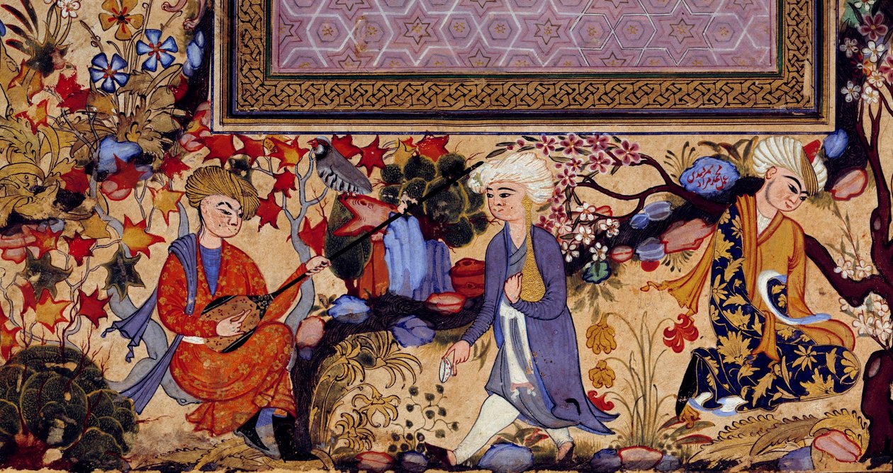 Müzisyenlerle bir eğlence sahnesini temsil eden İran minyatürü. 16. yüzyıldan kalma bir guaşın detayı. Paris, Louvre Müzesi by Persian School