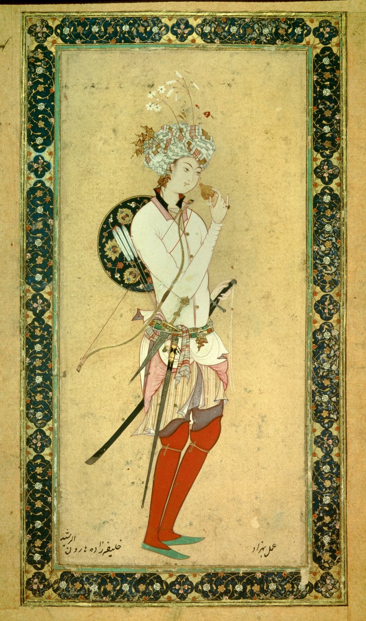 Haroun al-Rashid (Harun al Rashid veya al-Rashid (al Rashid) veya ar Rashid (ar-Rashid) veya el Rashid (el-Rashid) veya el Raschid (el-Rashid) veya al Raschid (al-Rashid) portresi , Abbasi Halifesi (766? 809) Pers minyatürü by Persian School