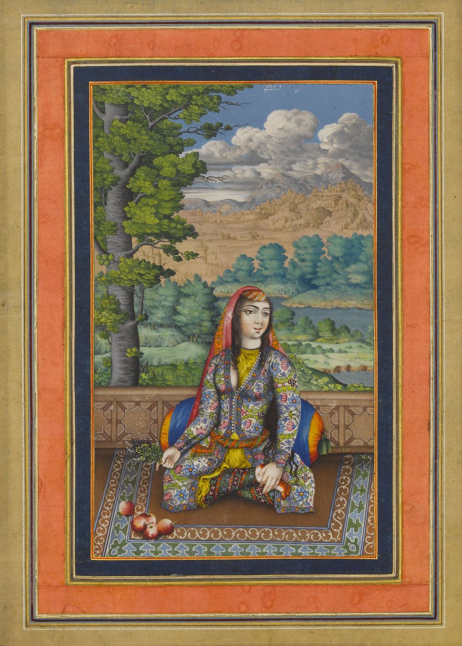 Bir İranlı Hanımın Portresi, Davis Albümünden Folio, c.1736-37 (mürekkep, opak suluboya ve kağıt üzerine altın) by Persian School