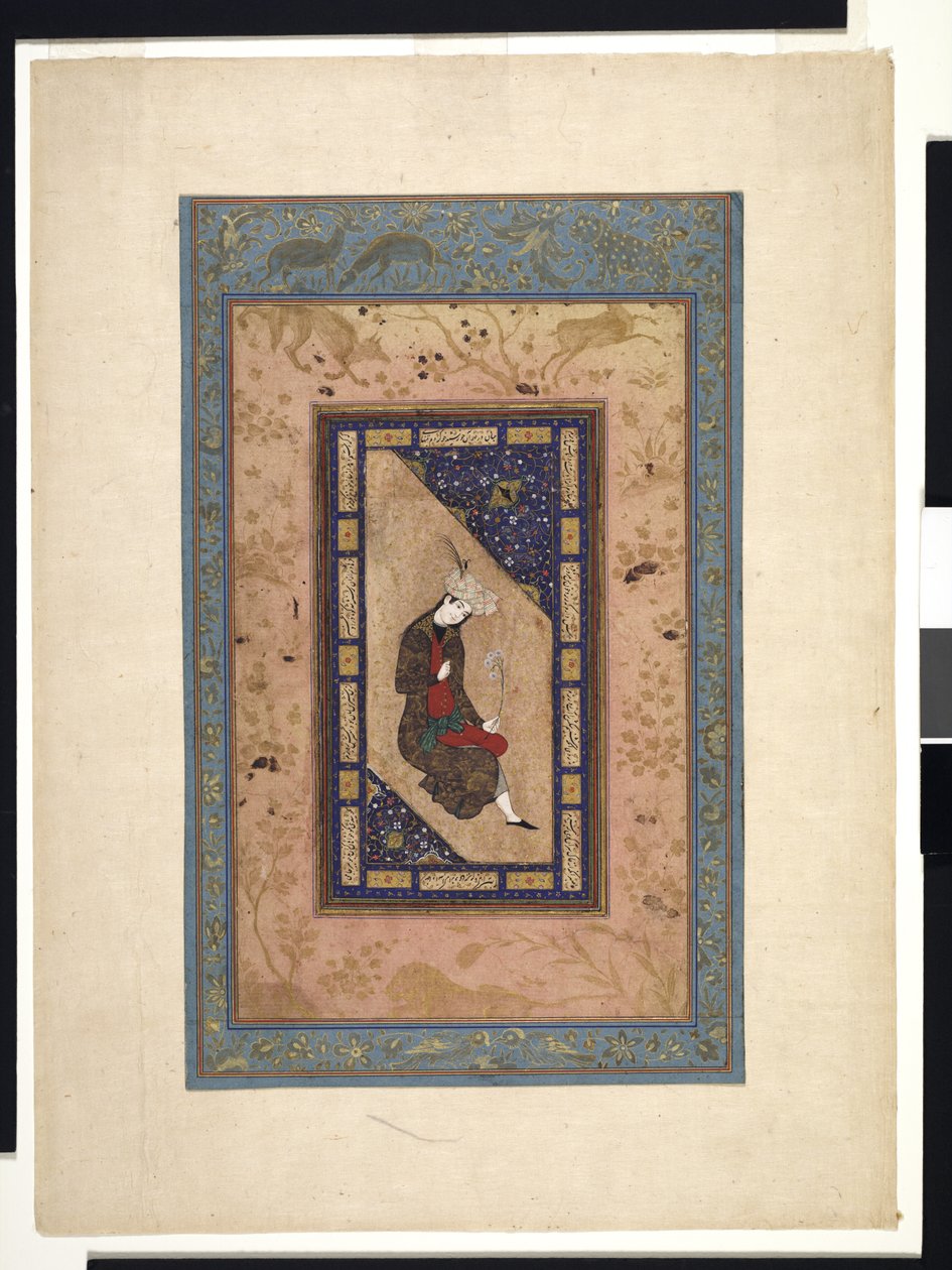 Safevi Prensi Portresi, c.1590-1630 veya üzeri (kağıt üzerinde opak suluboya ve altın rengi) by Persian School