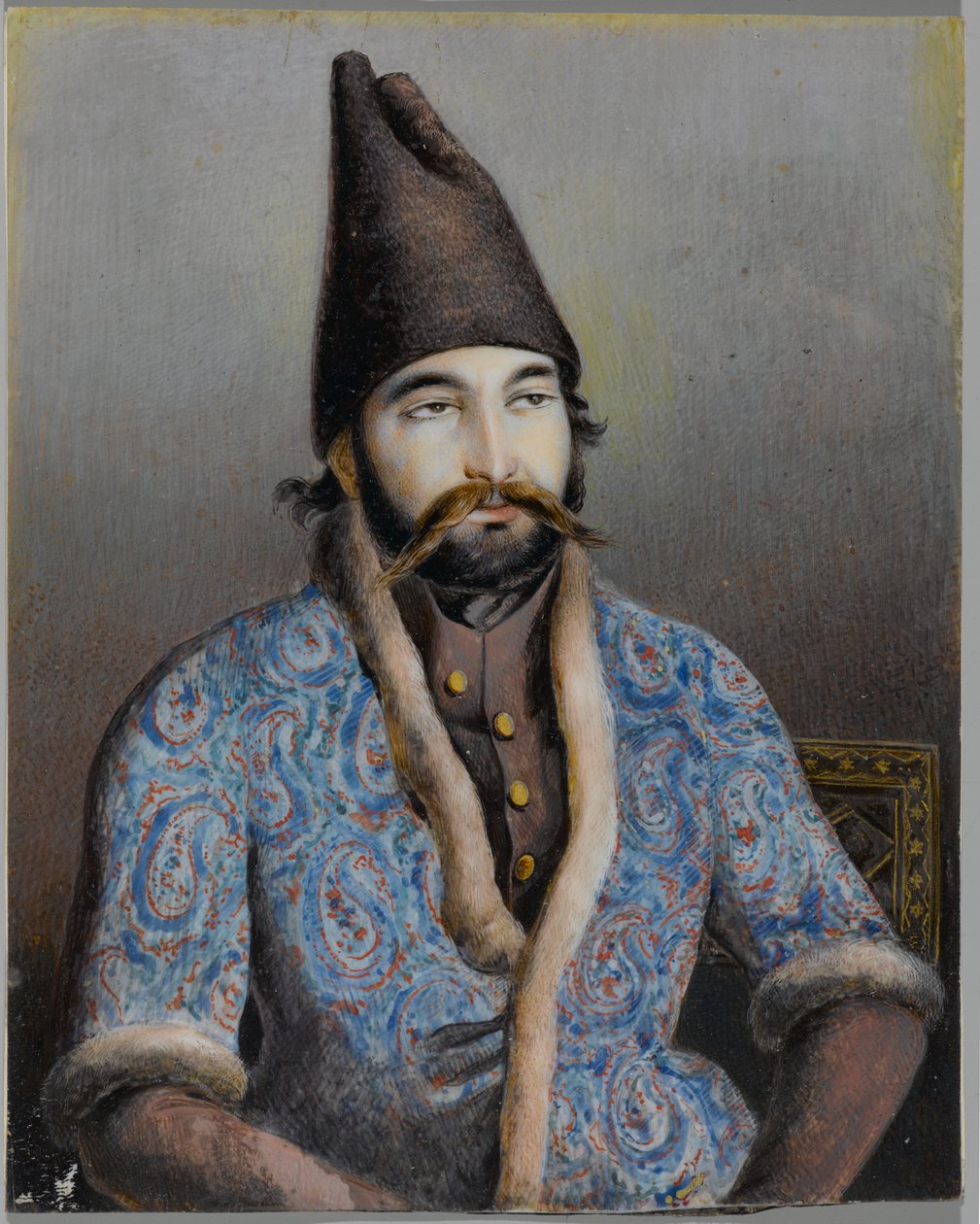 Bir asilzade veya kraliyet figürünün portresi, muhtemelen Muhammed Şah Qajar (fildişi veya deniz kabuğu üzerinde mürekkep ve opak wc) by Persian School