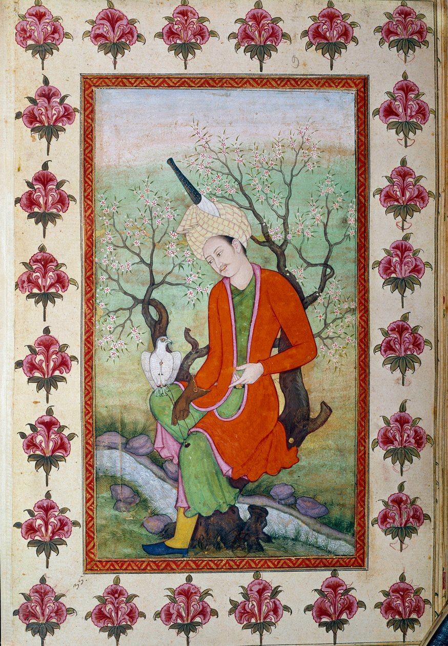 Prens bir şahinle avlanırken dinleniyor. fars minyatürü by Persian School