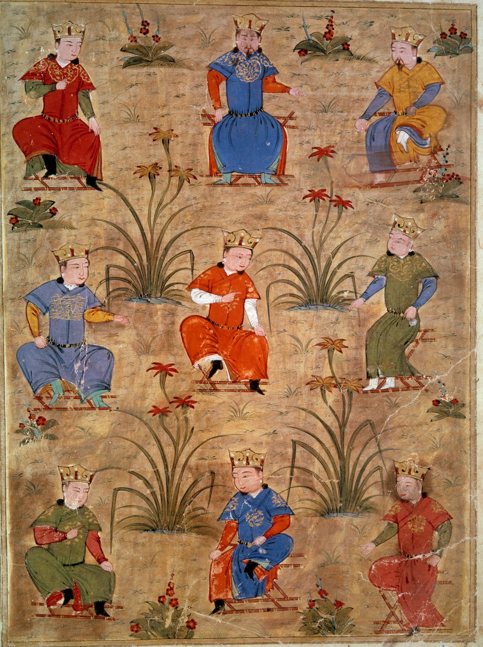 Tarihçi Rashid al-din (aldin) (1247-1318) tarafından “Cami al-tawarikh” (Cami al tawarikh) veya “Dünya Tarihi”nden alınan Cengiz Han Pers minyatürünün yeğenlerinin temsili 1430 civarında. Paris, B.N. by Persian School