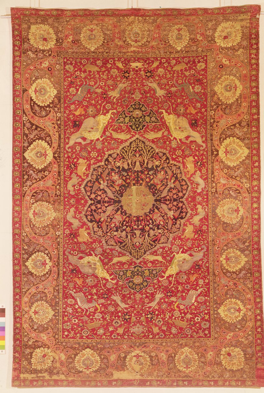 Dövüşen hayvanların sahneleriyle süslenmiş kilim by Persian School